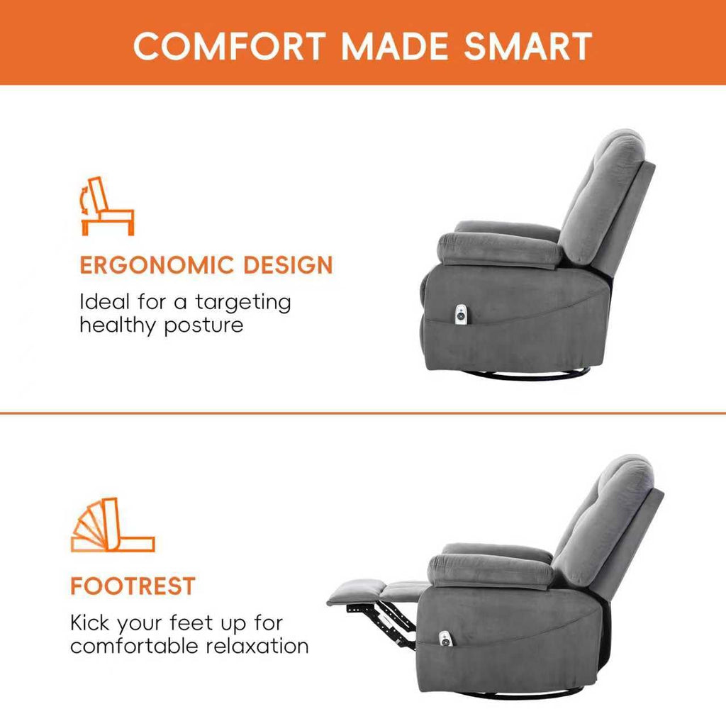 Velvet Grey Power Swivel Rocker Recliner with Massage and Heat V356