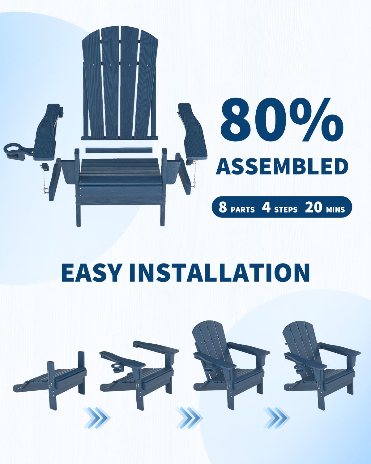 HDPE Folding Adirondack Chair Set of 2 with Side Table, Navy Blue P523724