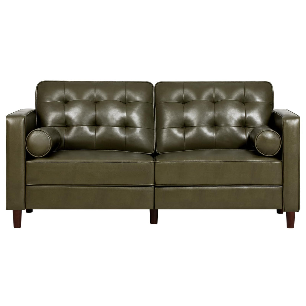 67" Olive Green Faux Leather 2-Seater Sofa with Bolster Pillows G8280