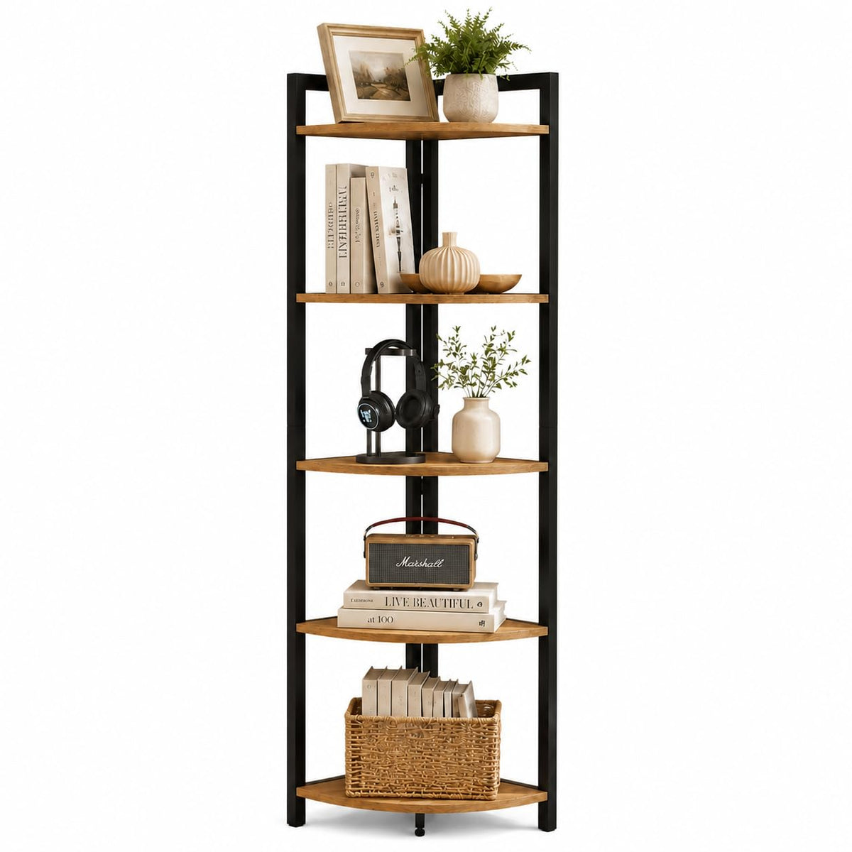 Tall Wood and Metal Corner Bookshelf Q593520