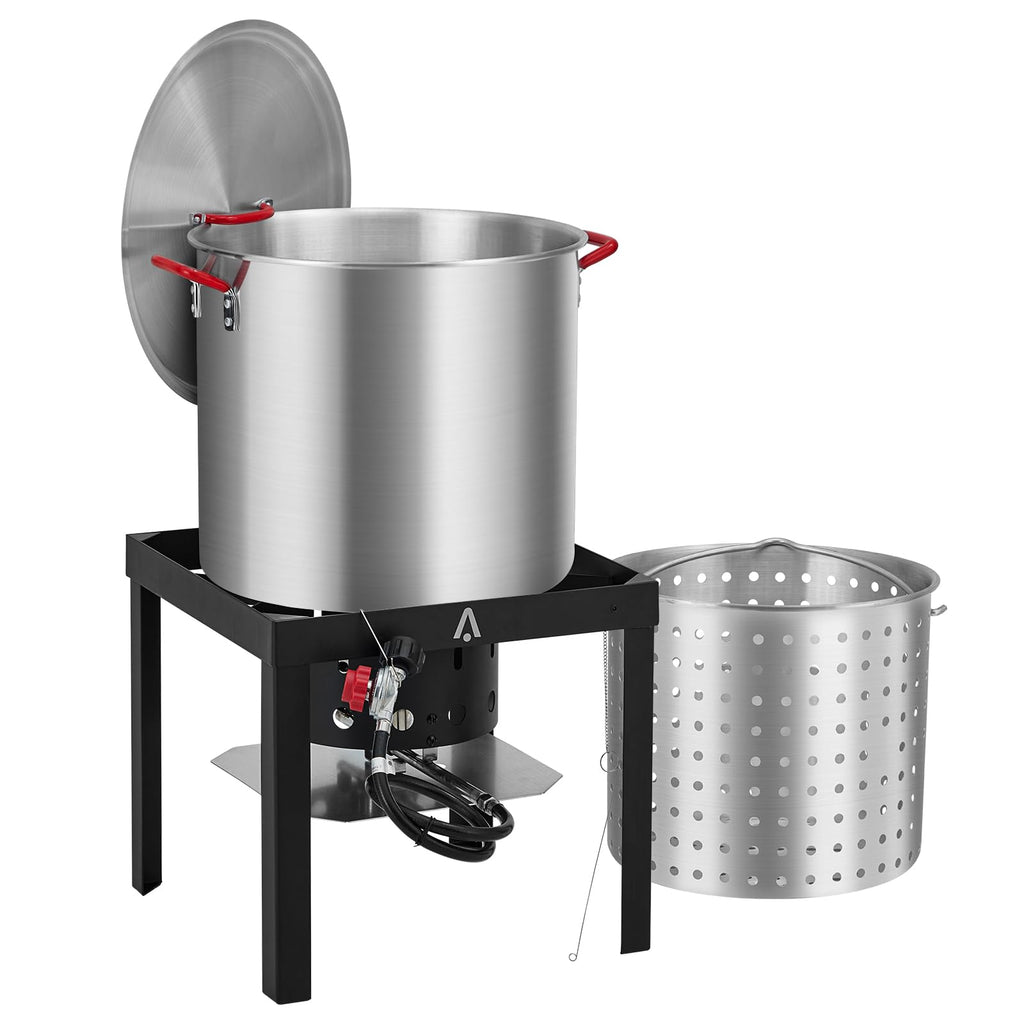 100Qt Aluminum Seafood Boil Pot with Strainer Basket and Propane Stove Burner A27125