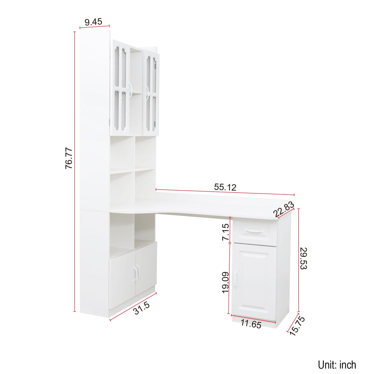 White L Shaped Corner Computer Desk with Bookshelf and Drawer I595620