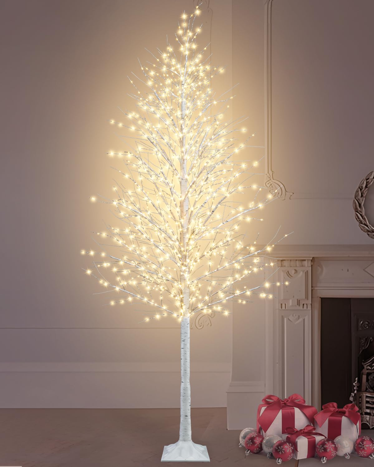 8FT Lighted White Artificial Christmas Twig Tree with 1440 Warm White LEDs M21964