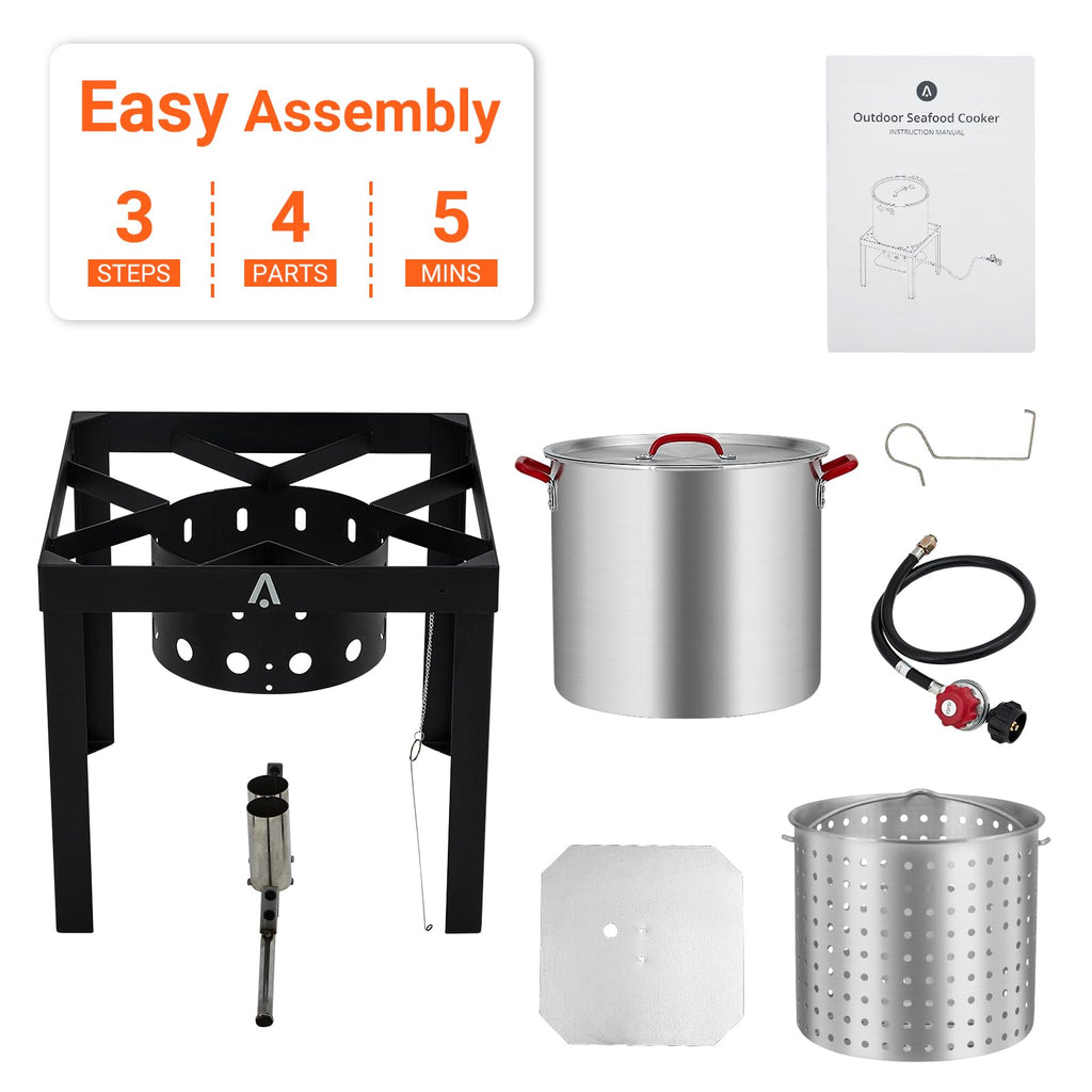 100Qt Aluminum Seafood Boil Pot with Strainer Basket and Propane Stove Burner A27125