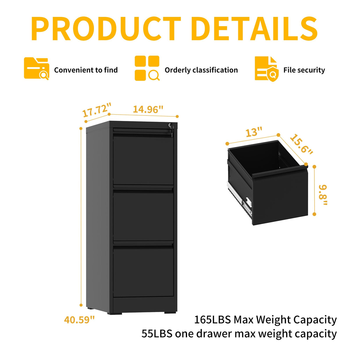 3 Drawer Black Metal File Cabinet with Lock G18193