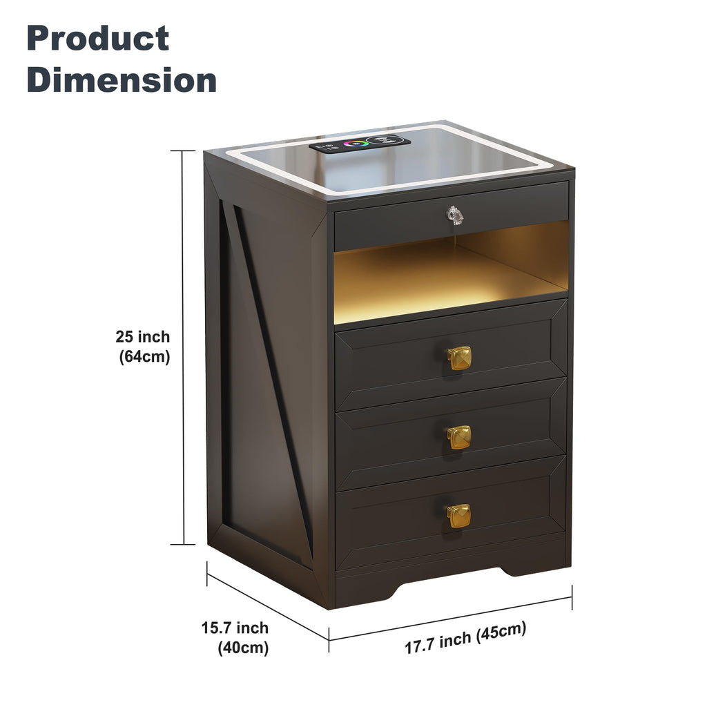 Black Glass Top LED Nightstand with Wireless Charger B898851