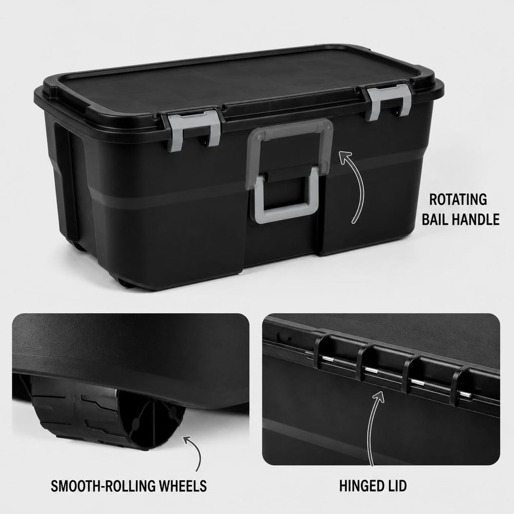 Rolling Storage Trunk with Wheels and Handle, 22 Gallon Black Bin A6703