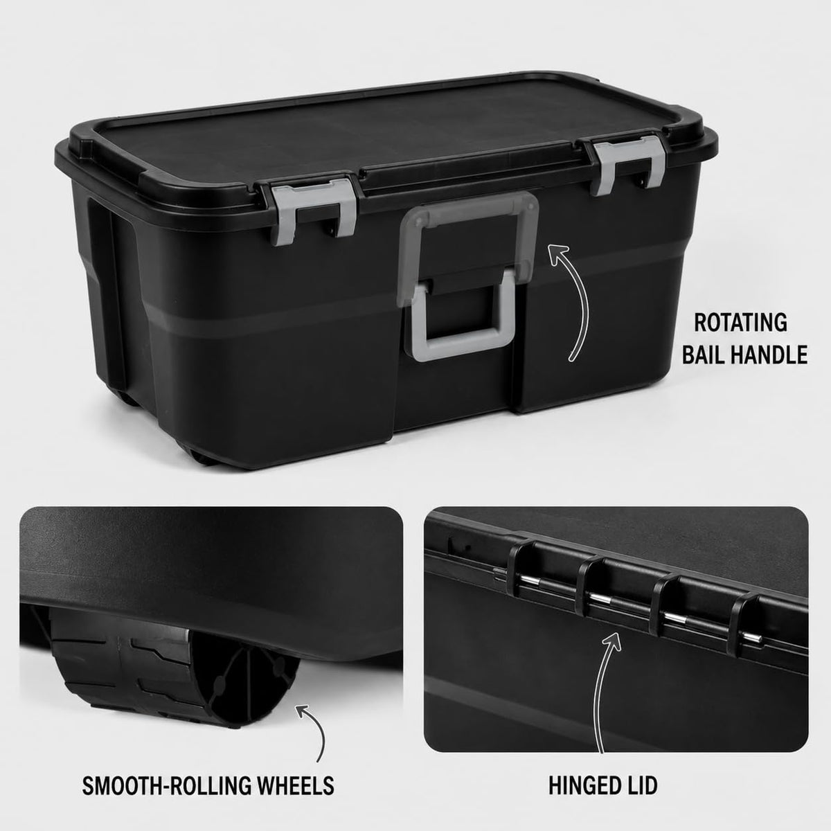 Rolling Storage Trunk with Wheels and Handle, 22 Gallon Black Bin A6703