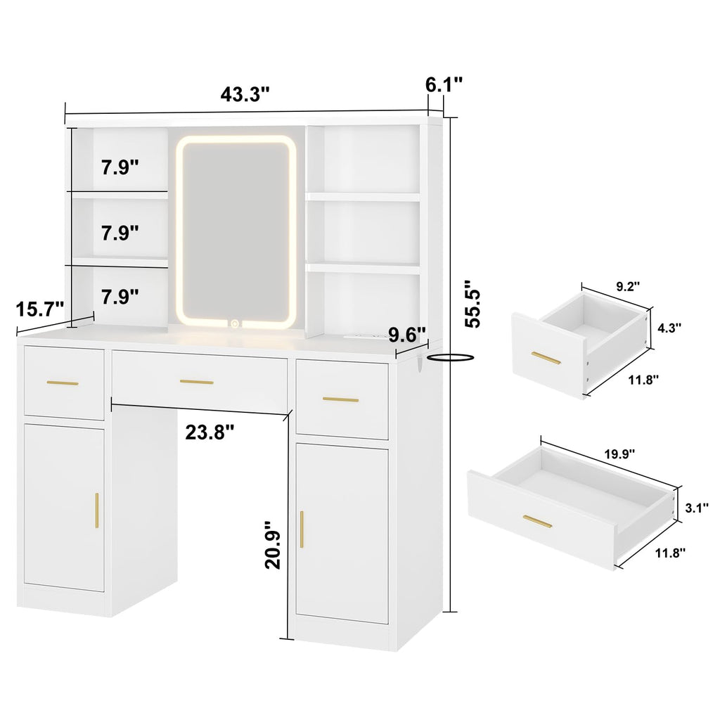 White Vanity Desk with Sliding Mirror and LED Lights W964172
