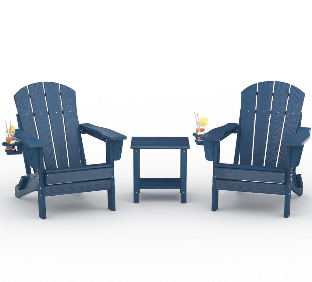 HDPE Folding Adirondack Chair Set of 2 with Side Table, Navy Blue P523724