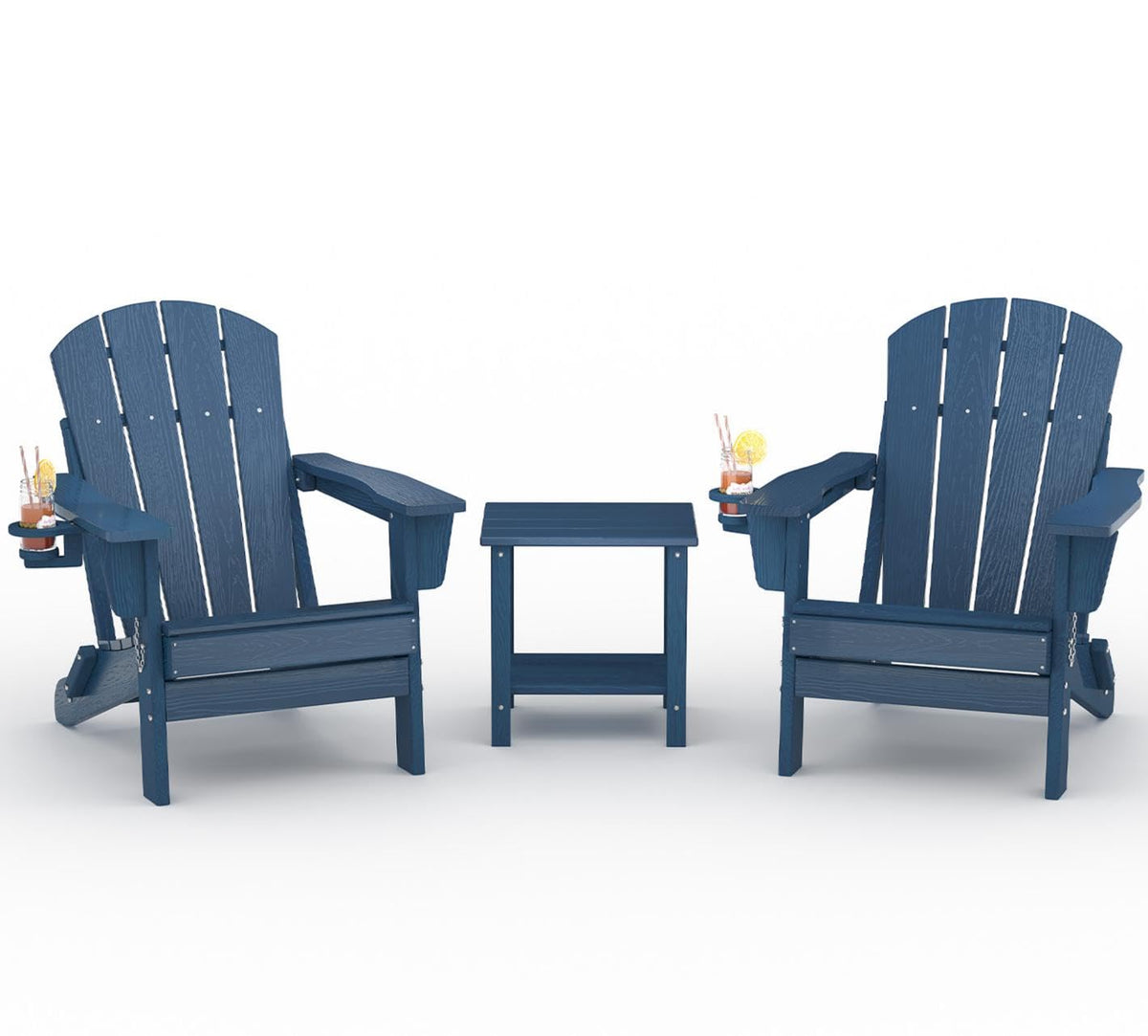 HDPE Folding Adirondack Chair Set of 2 with Side Table, Navy Blue P523724