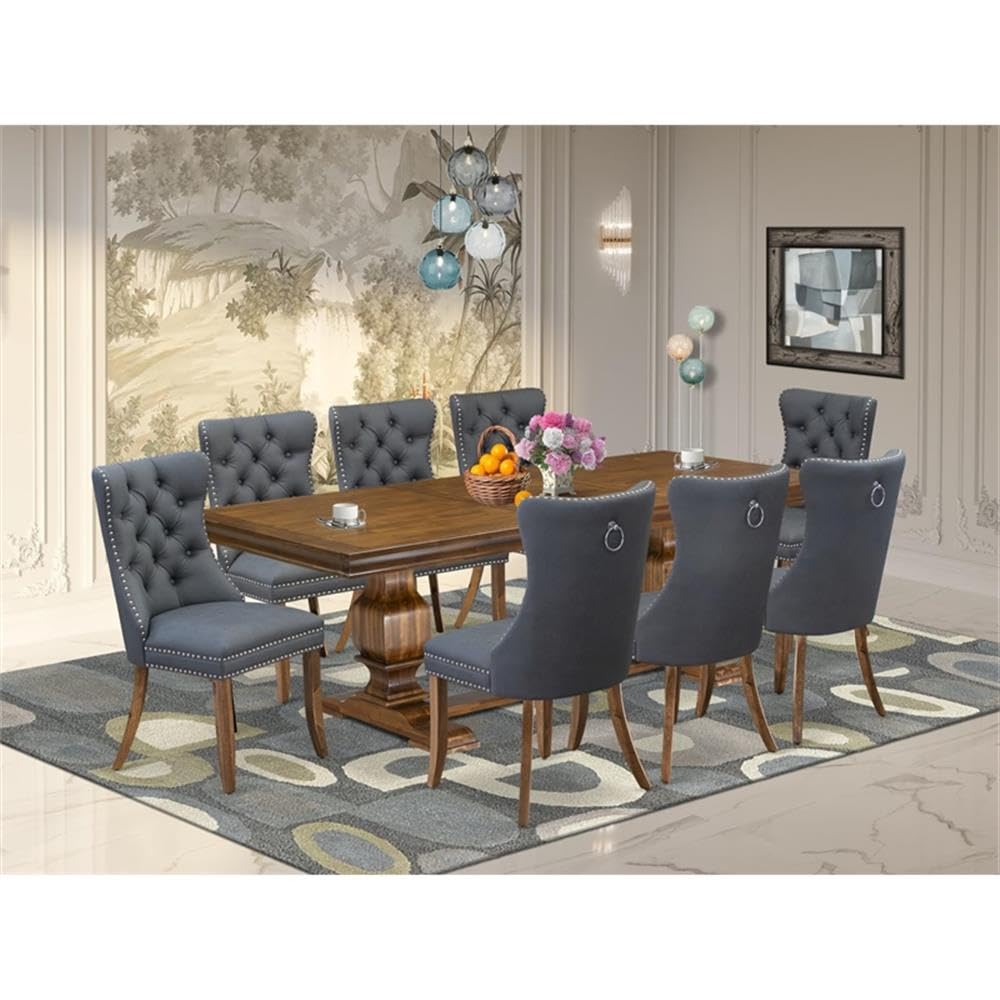 9-Piece Acacia Wood Dining Table Set with Faux Leather Chairs P613