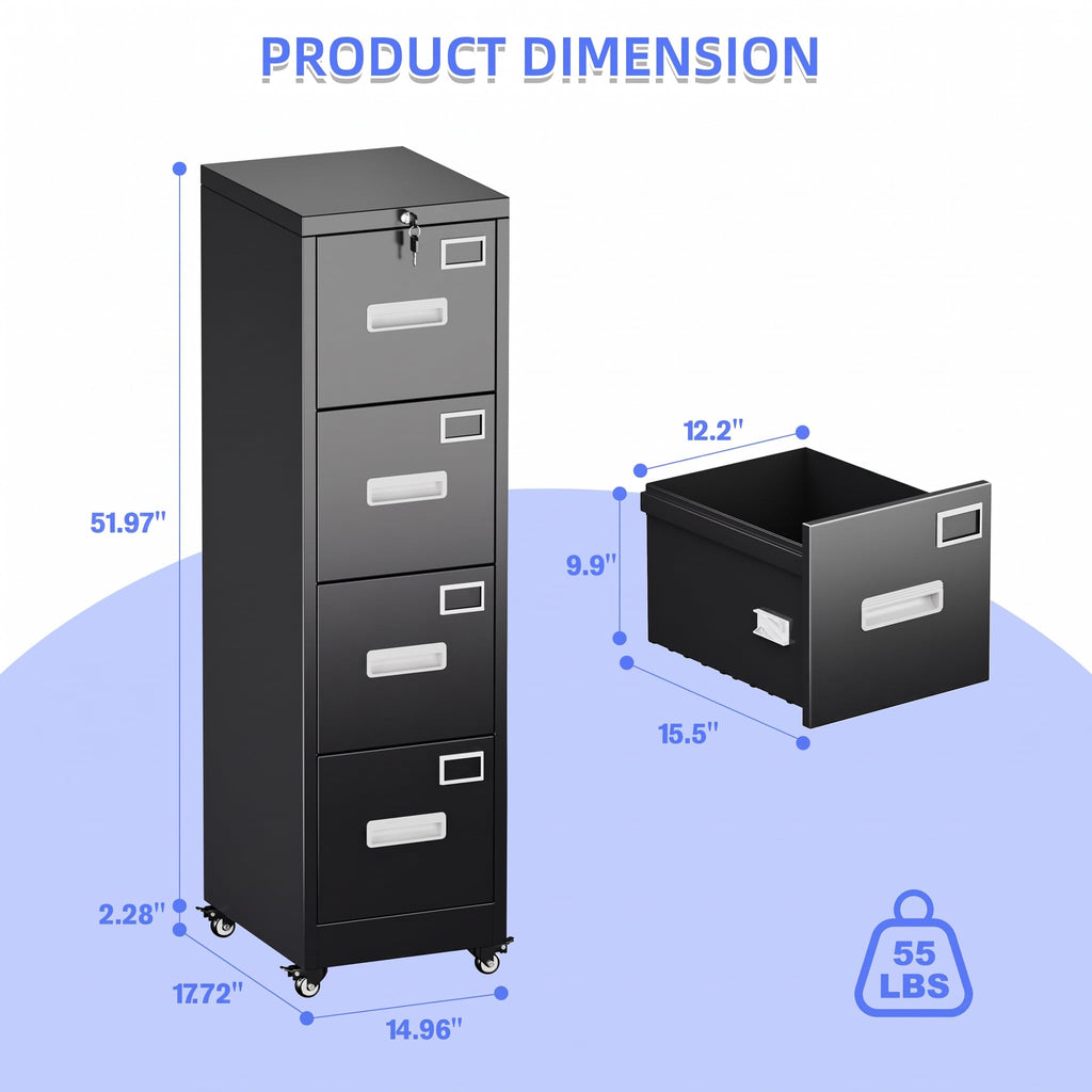 4 Drawer Metal File Cabinet with Lock, Black J831547
