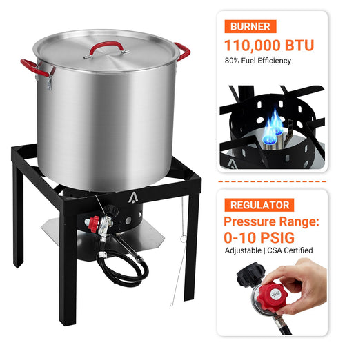 100Qt Aluminum Seafood Boil Pot with Strainer Basket and Propane Stove Burner A27125