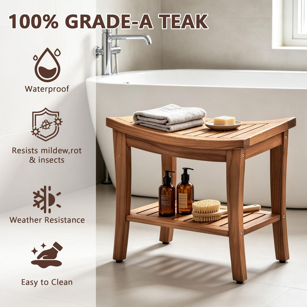 Teak Shower Bench Stool with Shelf V93457