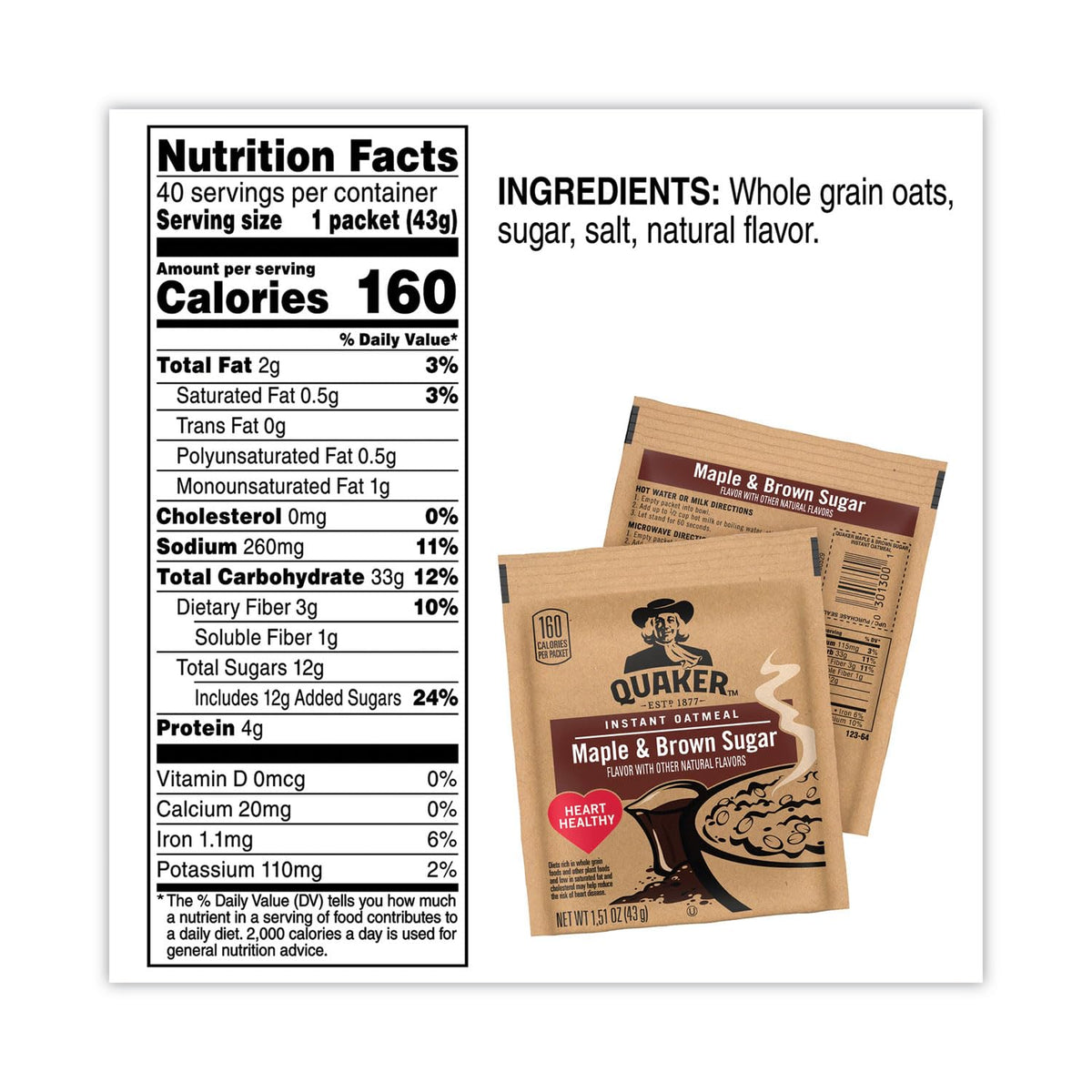 Instant Oatmeal Cereal, Maple and Brown Sugar, 40-1.51 oz packets R426772