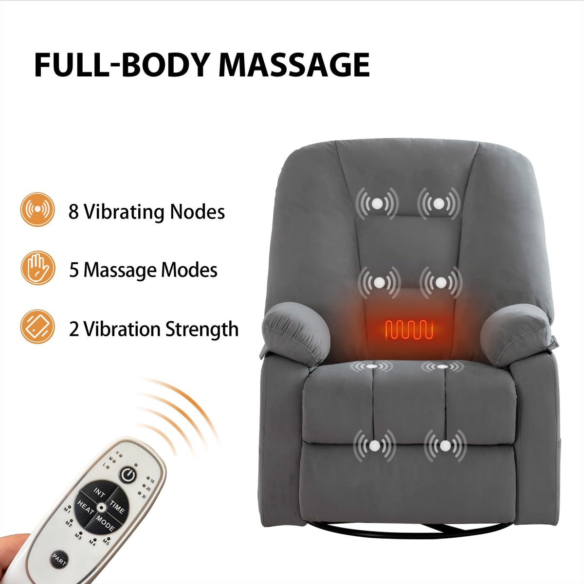 Velvet Grey Power Swivel Rocker Recliner with Massage and Heat V356