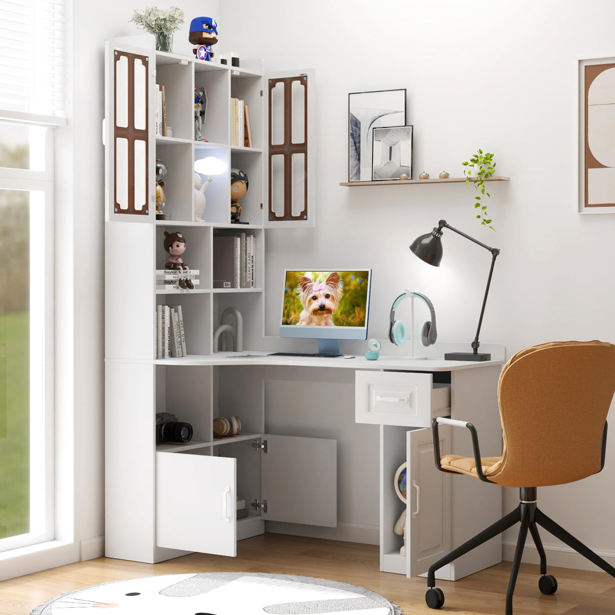 White L Shaped Corner Computer Desk with Bookshelf and Drawer I595620