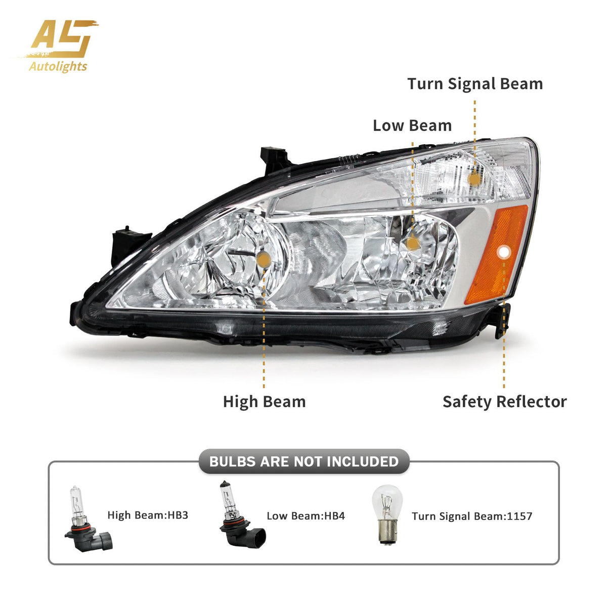 Headlight Assembly for 2003-2007 Honda Accord Chrome Housing Amber Reflector Pair M93946