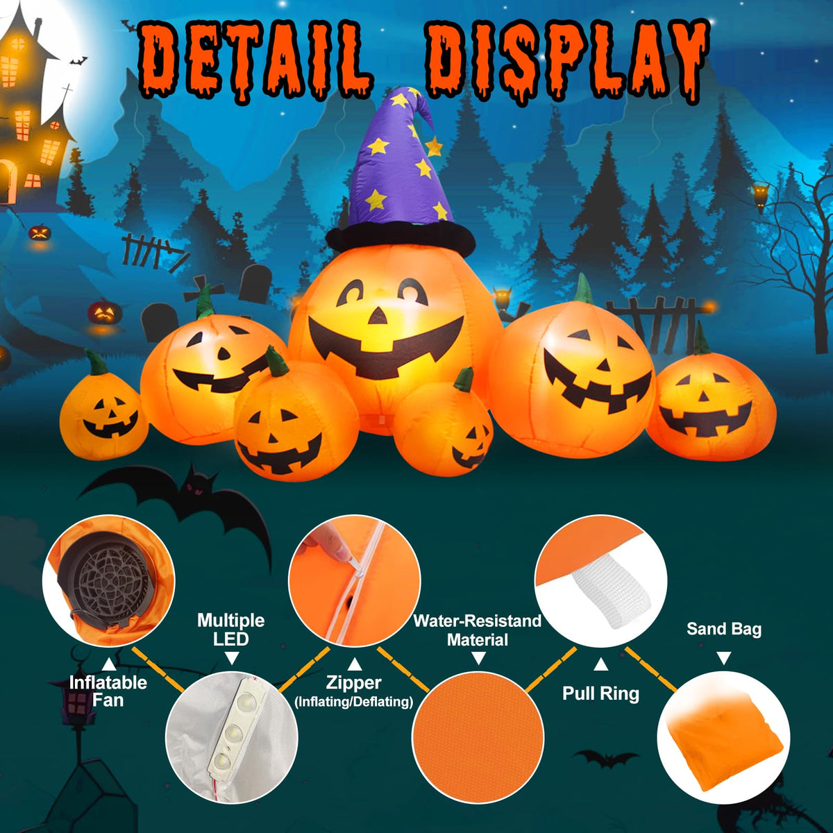 8 FT Inflatable Pumpkins and Witch Hat with Built-in LED Lights E1542