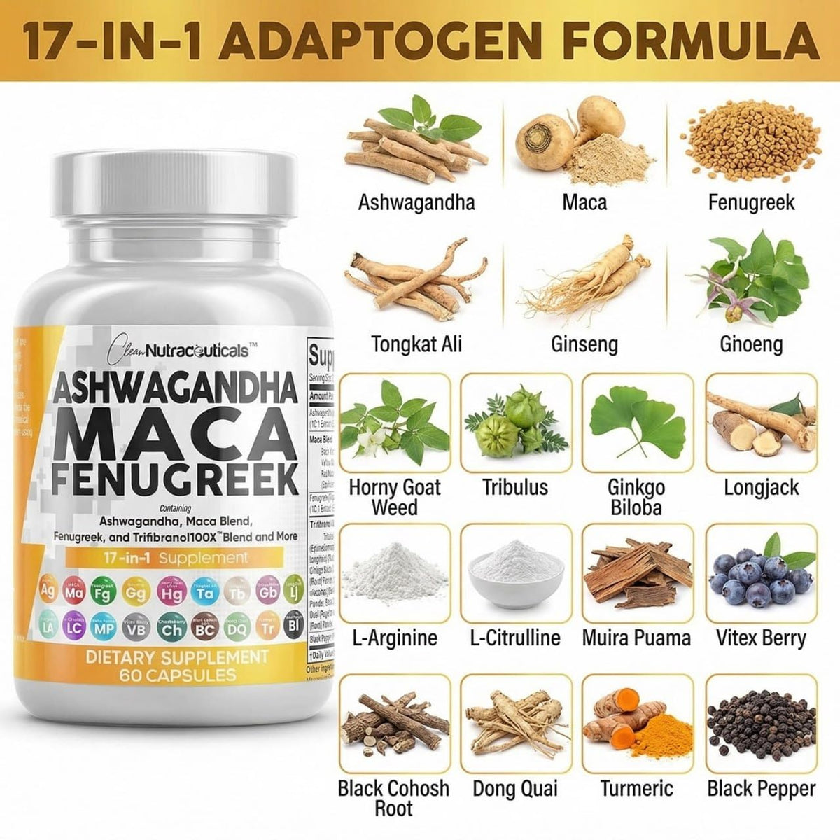 Ashwagandha Maca Root Fenugreek Tongkat Ali Ginseng Capsules H9440