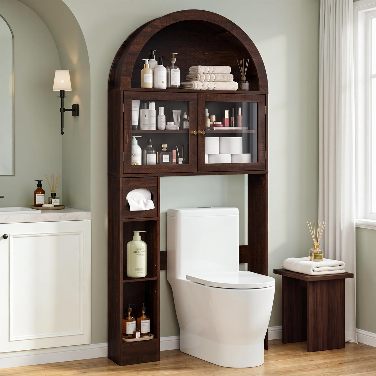 Over the Toilet Storage Cabinet with Arched Top, 68" Tall, Dark Walnut Z155082