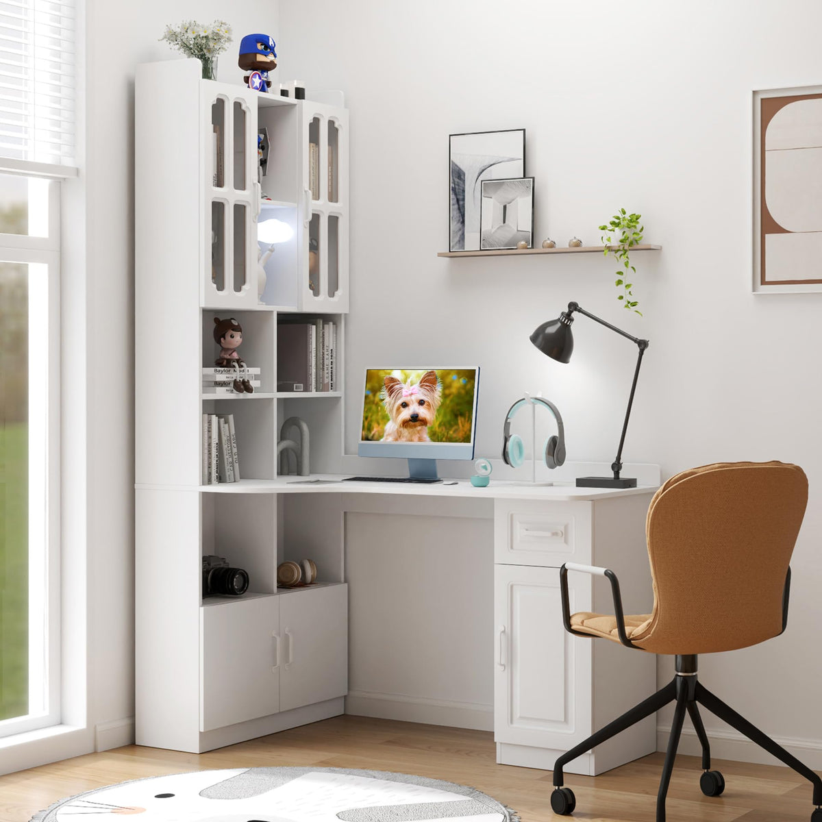 White L Shaped Corner Computer Desk with Bookshelf and Drawer I595620