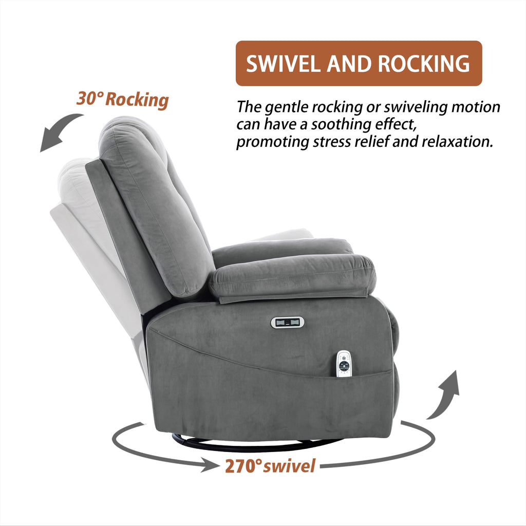 Velvet Grey Power Swivel Rocker Recliner with Massage and Heat V356