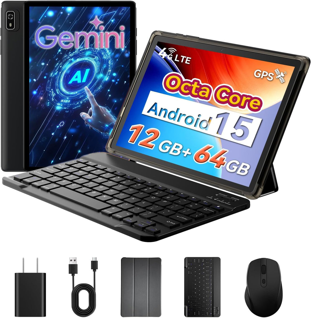 10 inch 2-in-1 Android 15 Tablet with Keyboard, Mouse, and Case, 4G LTE, 12GB RAM + 64GB ROM, Octa-Core, IPS Display, 5G Wi-Fi, GPS, Bluetooth S6825