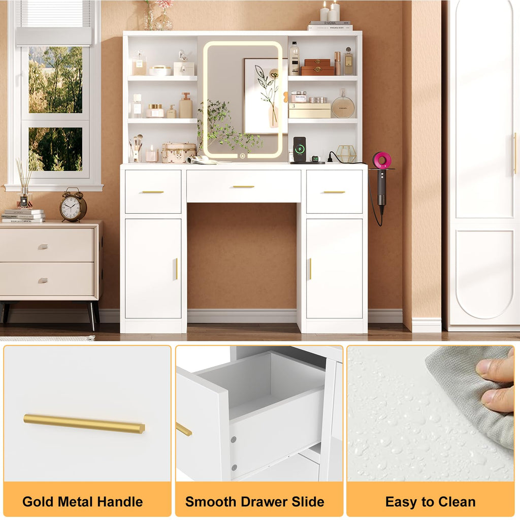 White Vanity Desk with Sliding Mirror and LED Lights W964172