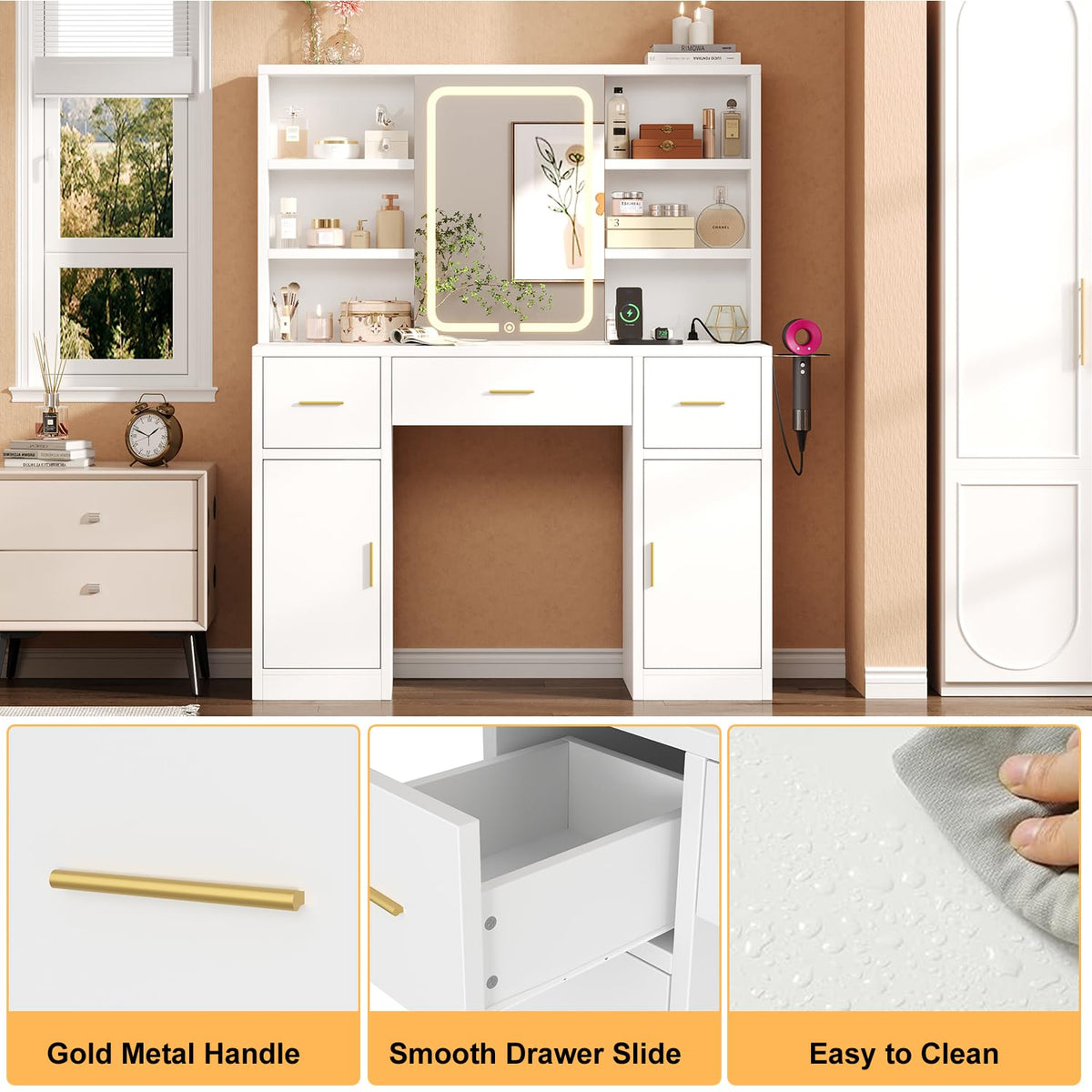 White Vanity Desk with Sliding Mirror and LED Lights W964172