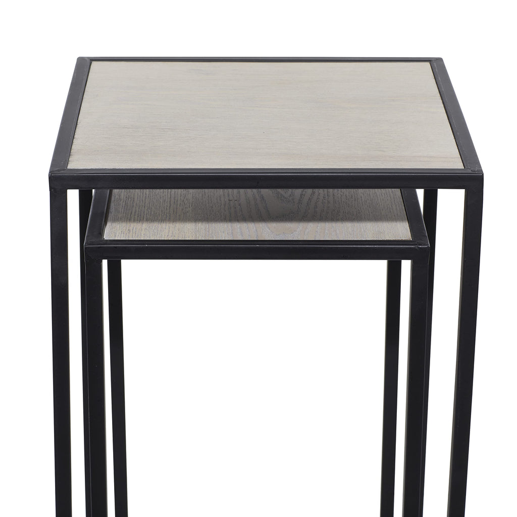 Black Metal End Table with Brown Wood Tops, Set of 2 W632621