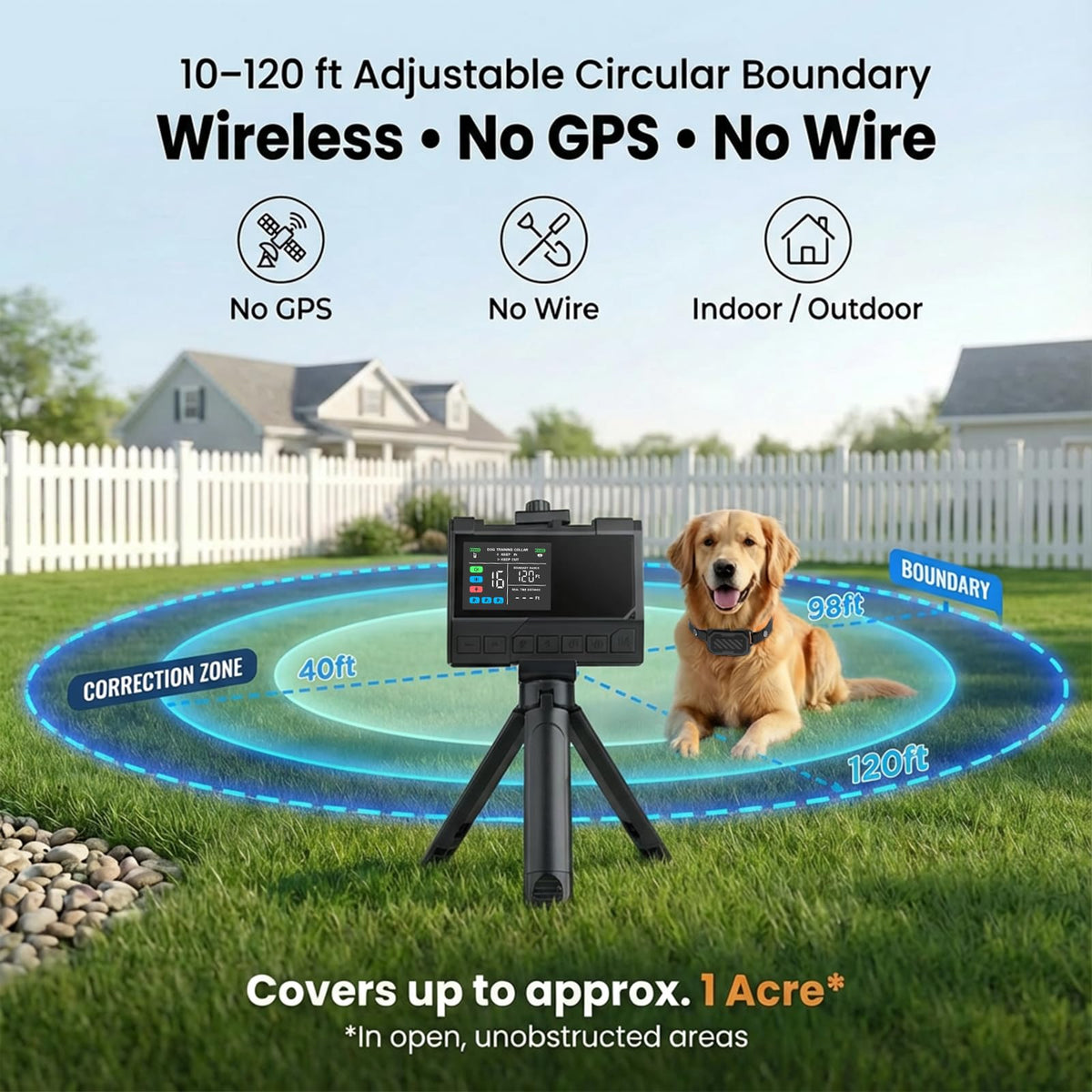 Wireless Dog Fence with Waterproof Collar, Up to 1 Acre O1683