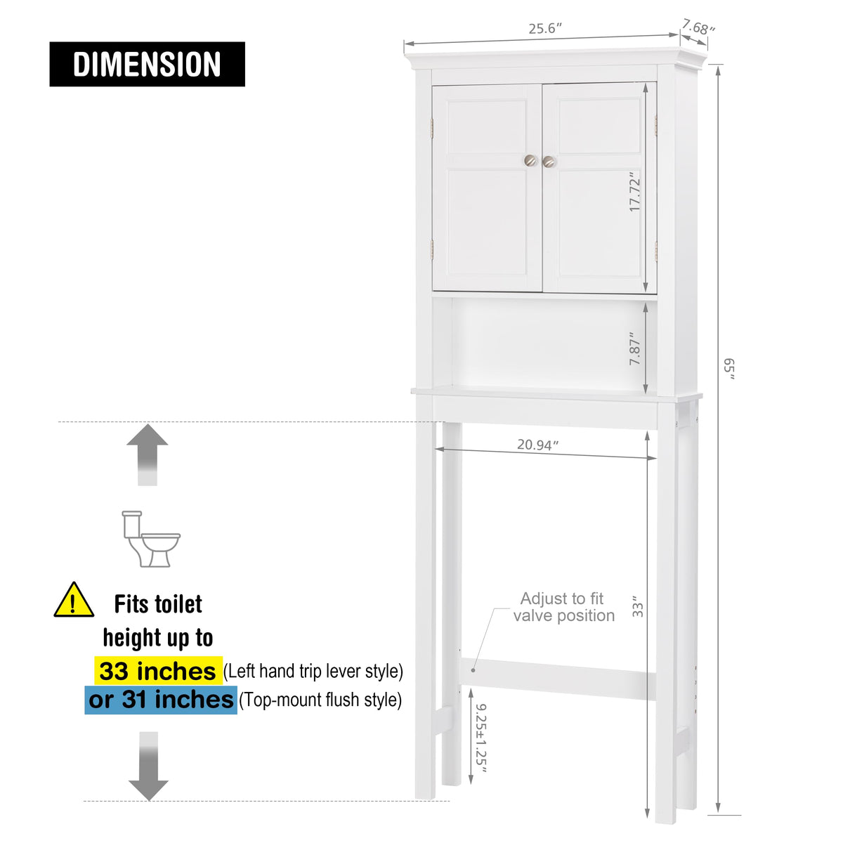 Over the Toilet Storage Cabinet with Doors and Adjustable Shelf V191353