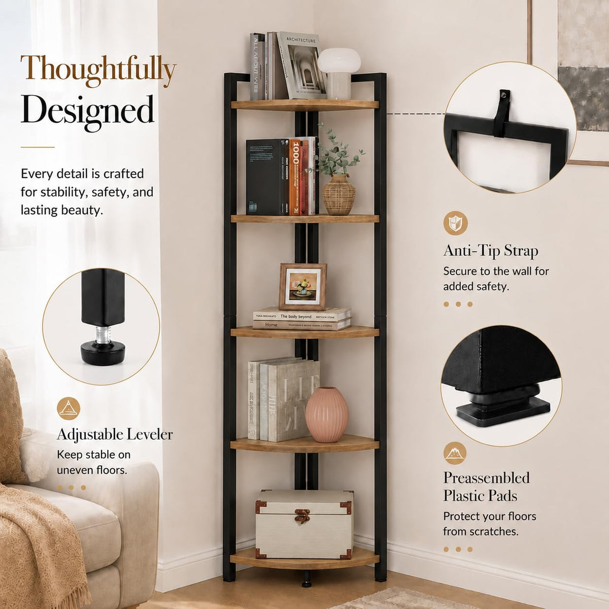Tall Wood and Metal Corner Bookshelf Q593520