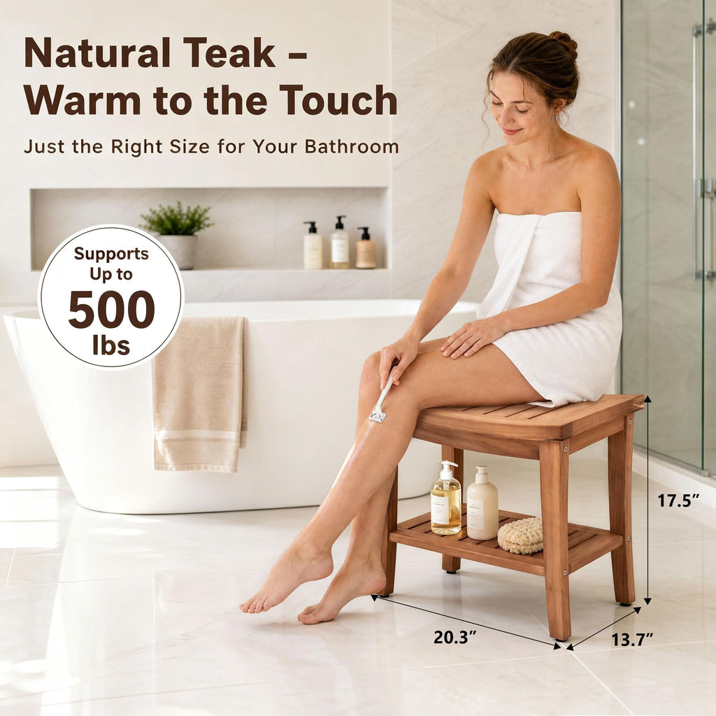 Teak Shower Bench Stool with Shelf V93457