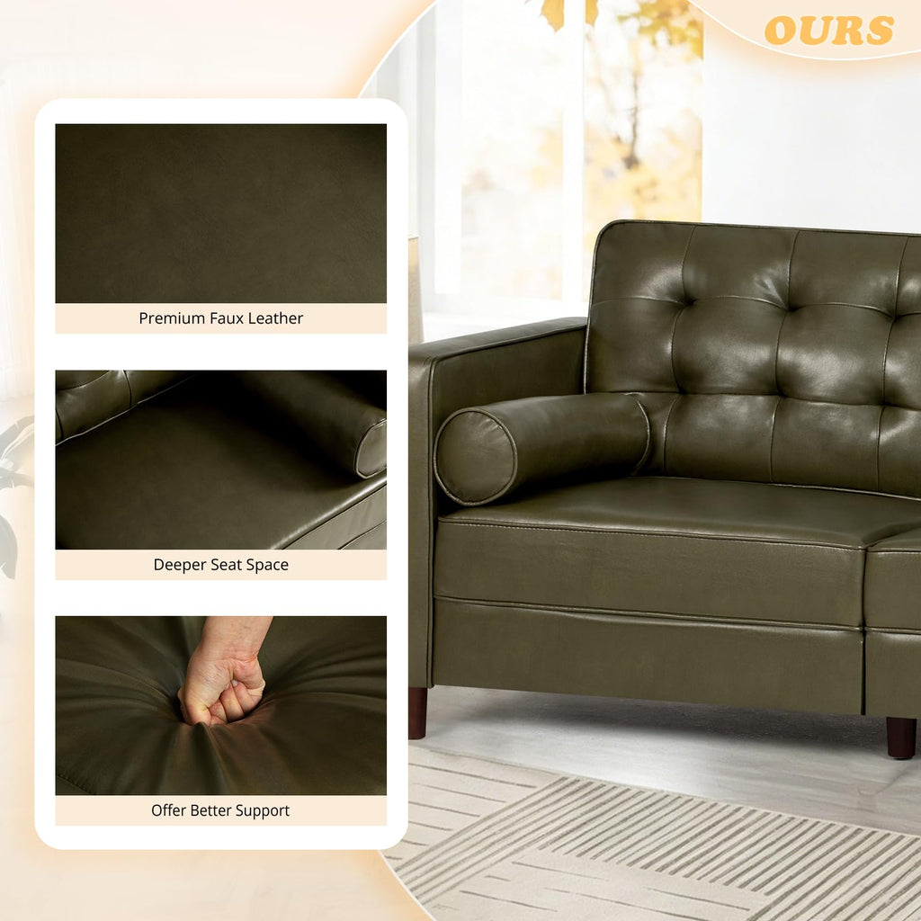67" Olive Green Faux Leather 2-Seater Sofa with Bolster Pillows G8280