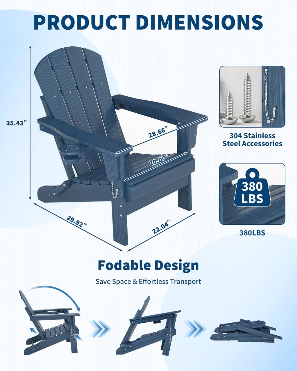 HDPE Folding Adirondack Chair Set of 2 with Side Table, Navy Blue P523724