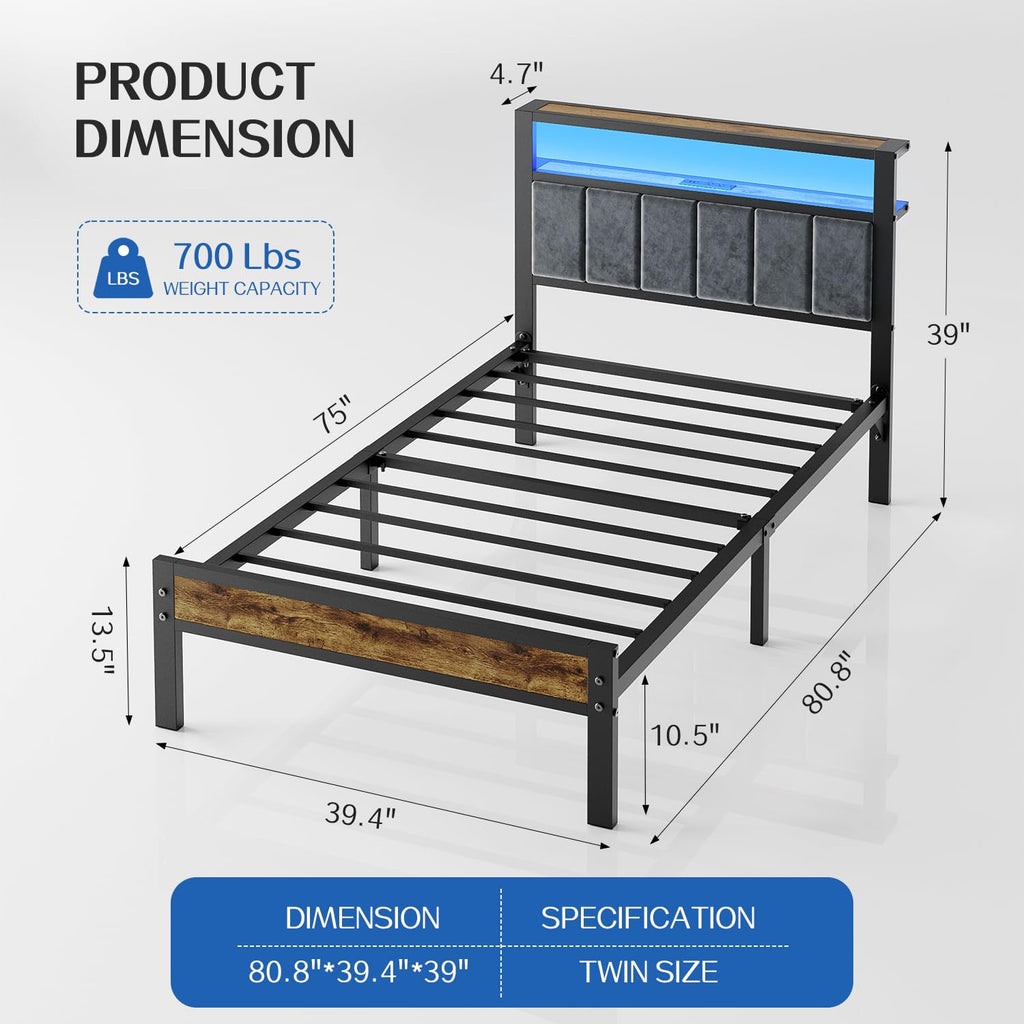 Twin Size Grey Upholstered Bed Frame L6335