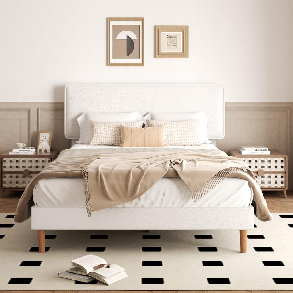 White Upholstered Bed Frame with Adjustable Headboard K278428
