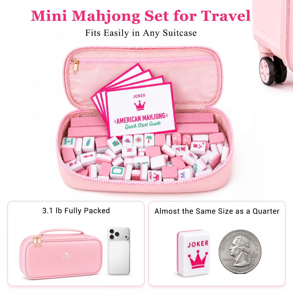Pink Mini Travel Mahjong Tile Set with Racks and Bag G5669