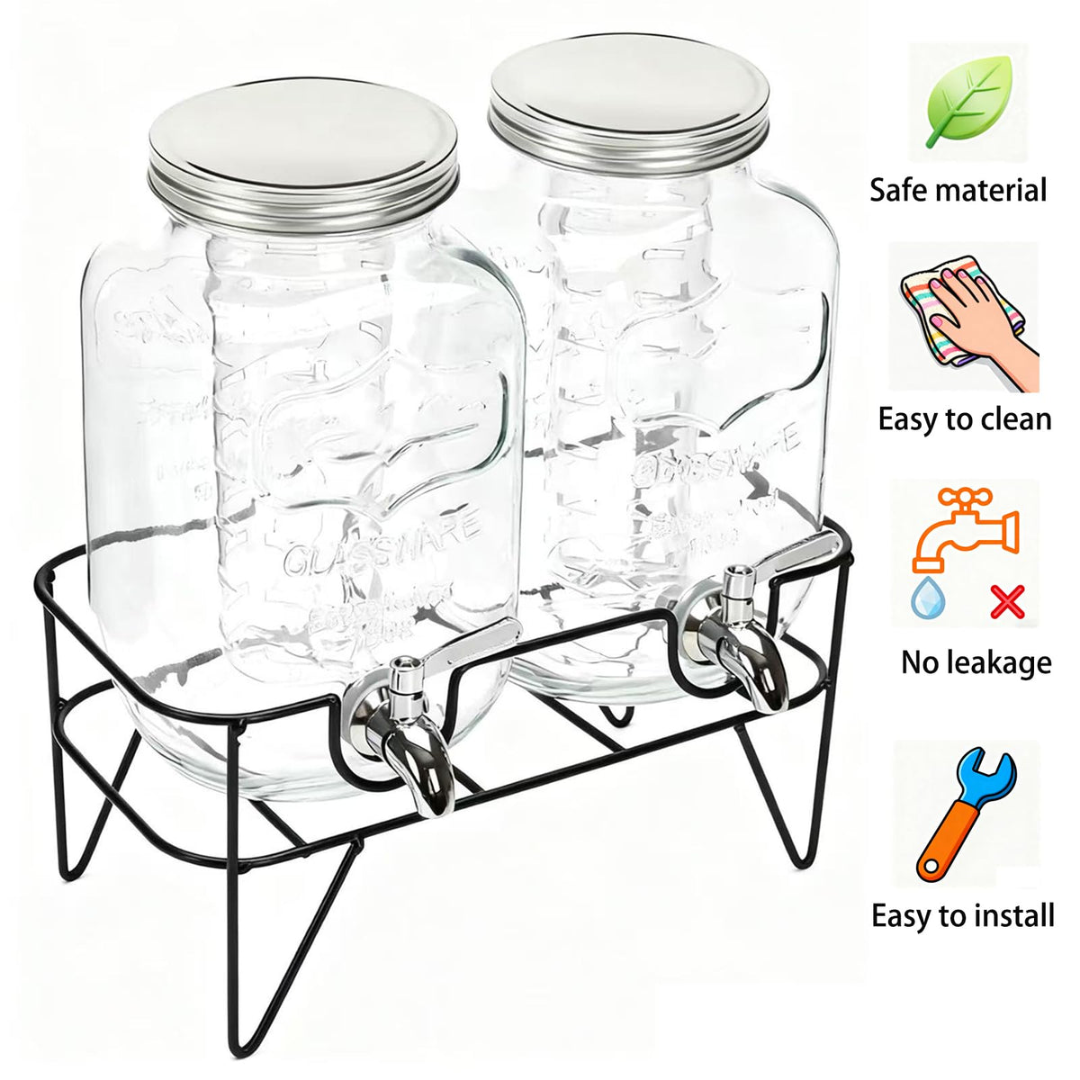 1 Gallon Glass Drink Dispenser with Stand 2 Pack F70466