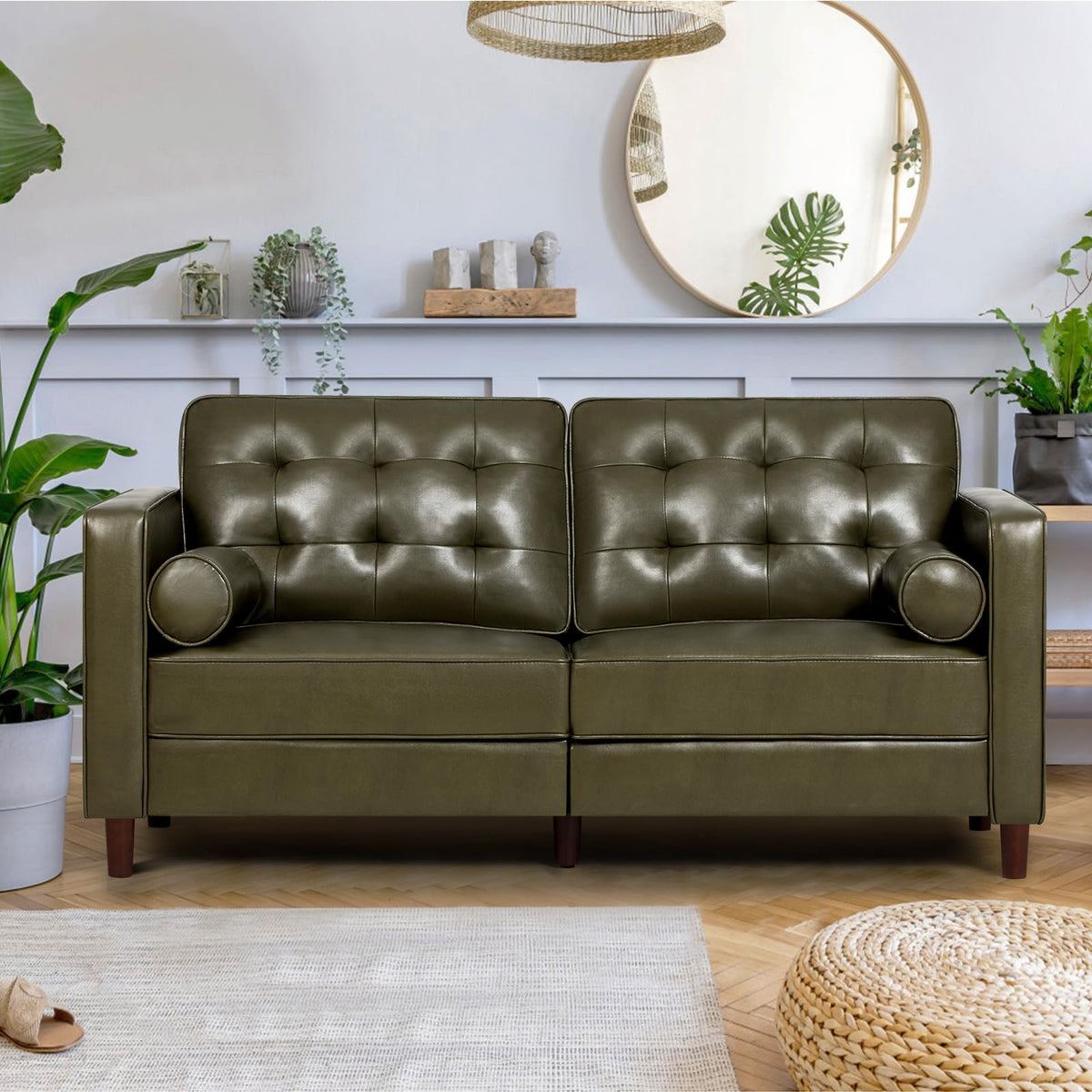 67" Olive Green Faux Leather 2-Seater Sofa with Bolster Pillows G8280