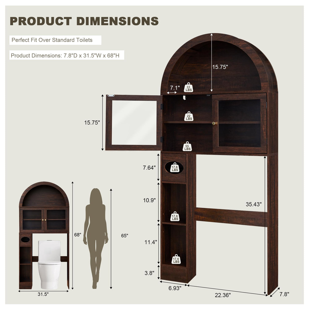 Over the Toilet Storage Cabinet with Arched Top, 68" Tall, Dark Walnut Z155082