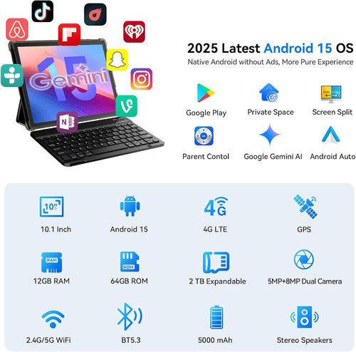 10 inch 2-in-1 Android 15 Tablet with Keyboard, Mouse, and Case, 4G LTE, 12GB RAM + 64GB ROM, Octa-Core, IPS Display, 5G Wi-Fi, GPS, Bluetooth S6825