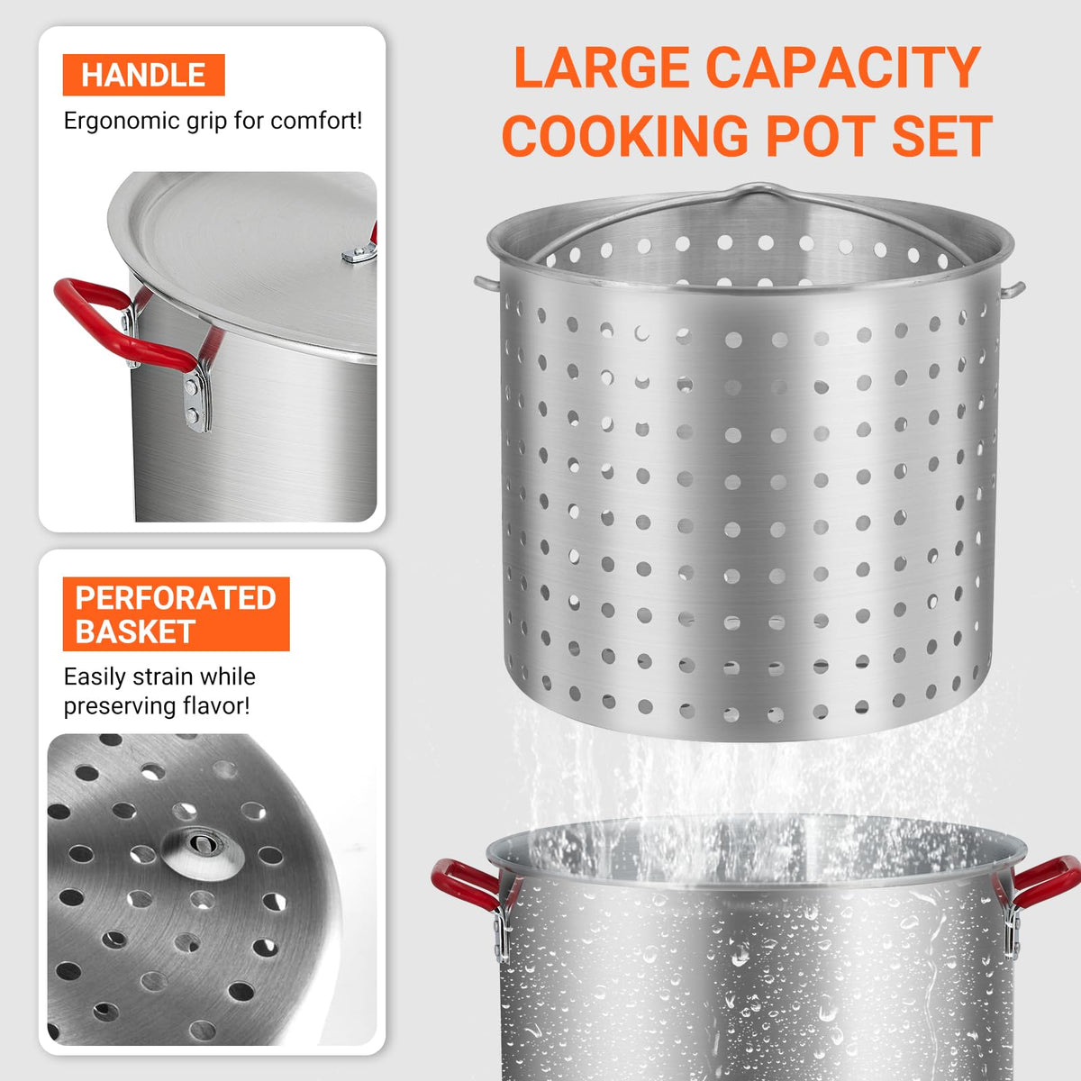 100Qt Aluminum Seafood Boil Pot with Strainer Basket and Propane Stove Burner A27125