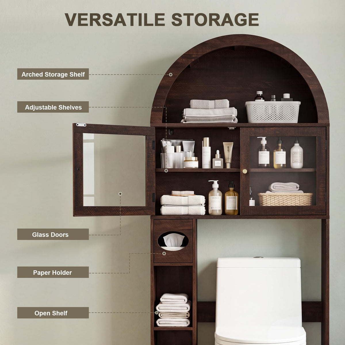 Over the Toilet Storage Cabinet with Arched Top, 68" Tall, Dark Walnut Z155082
