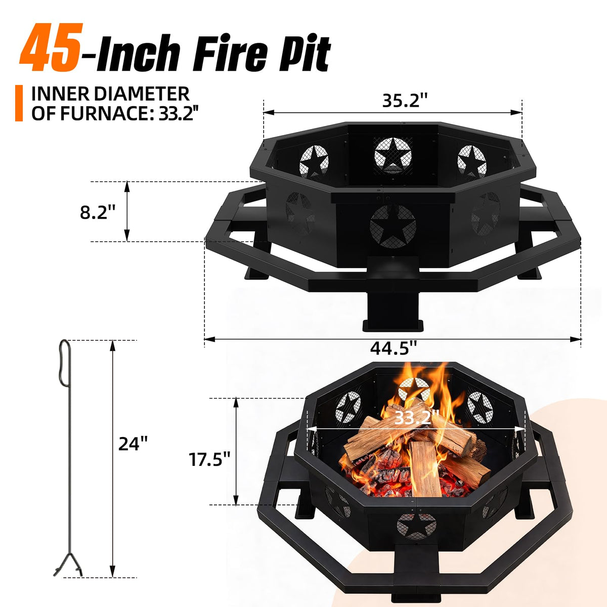 45 Inch Black Wood Burning Octagonal Fire Pit with Poker Y887