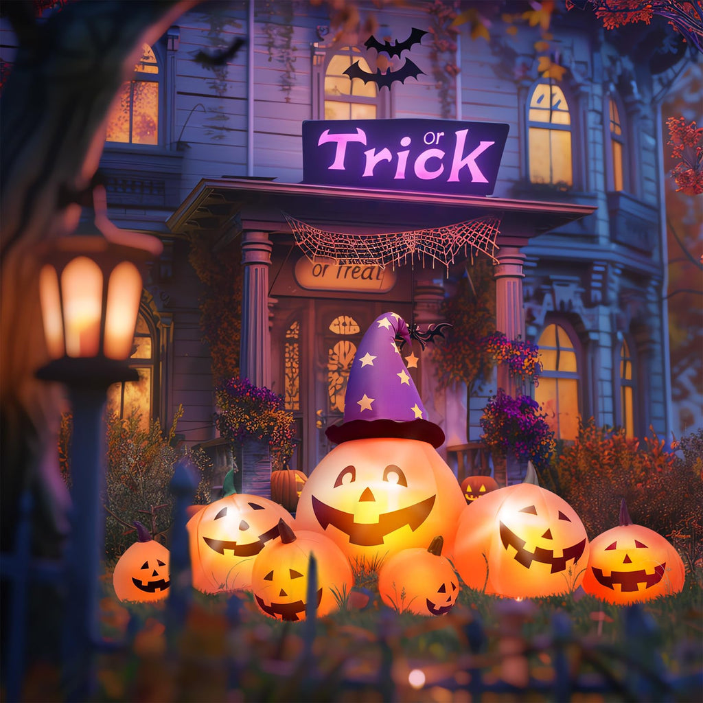 8 FT Inflatable Pumpkins and Witch Hat with Built-in LED Lights E1542