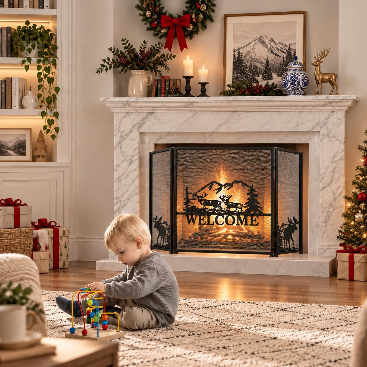 Foldable Fireplace Screen with Moose Pattern G52462